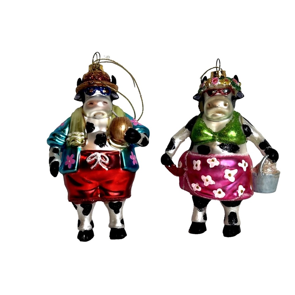 Heifer and Steer Tropical Vacationing Cows, set of 2 Glass Ornaments 5 inch each